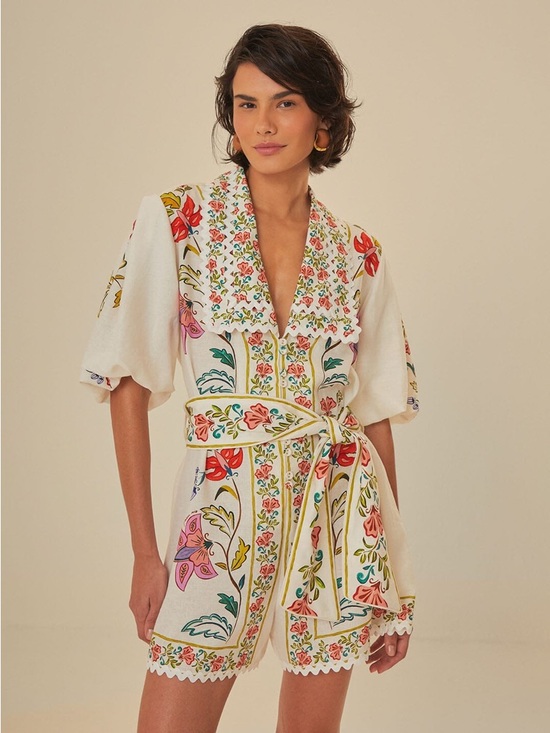FARM Rio Pants - FARM Rio Off-White Floral Insects Cream Linen Romper Size Large